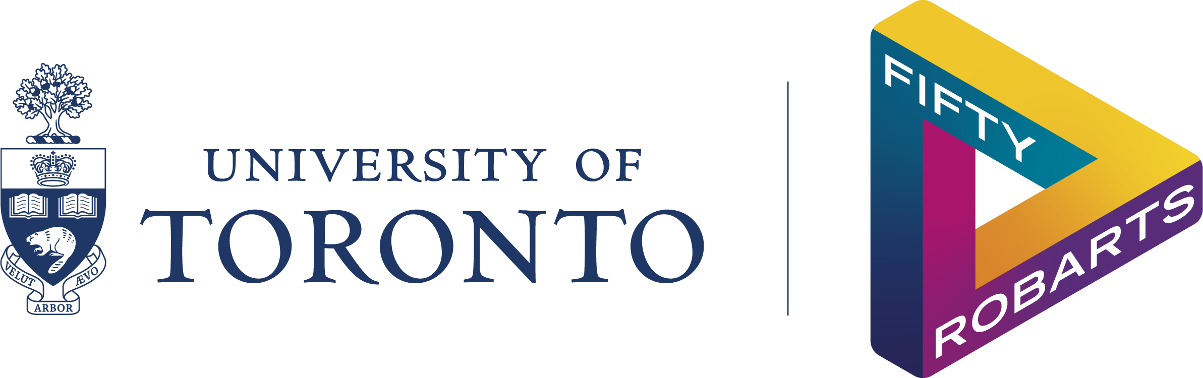 Univeristy of Toronto Logo with crest next to Robarts Fifty logo. The Fifty Logo is a triangle with different gradient colours blending together. the triangle represents the architecture of Robarts library which fetures various triangles thought out the building. The words Fifty and Robarts are on the triangle.
